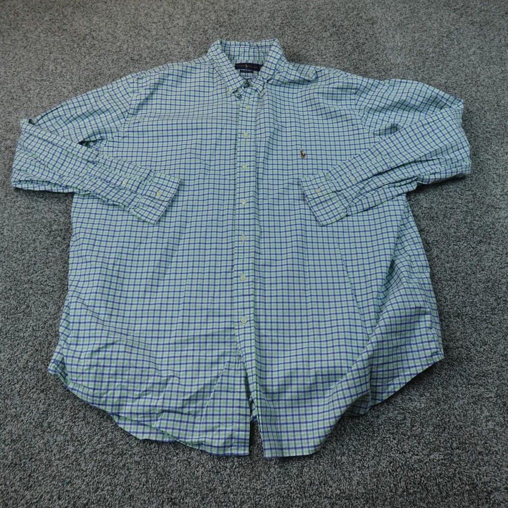 Ralph Lauren Shirt Mens 3XLT Green Blue Plaid OCBD Oxford Button Up Flesh Pony